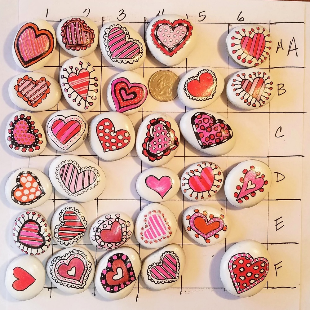 Valentine's heart themed painted rocks, magnets